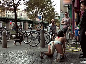 huge-boobed european babe ass plugged in public